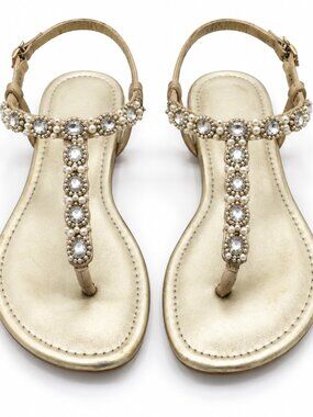 Unisa Gold Rhinestone Faux Pearl T-Strap Flat Sandals Bridal Wedding Size 8